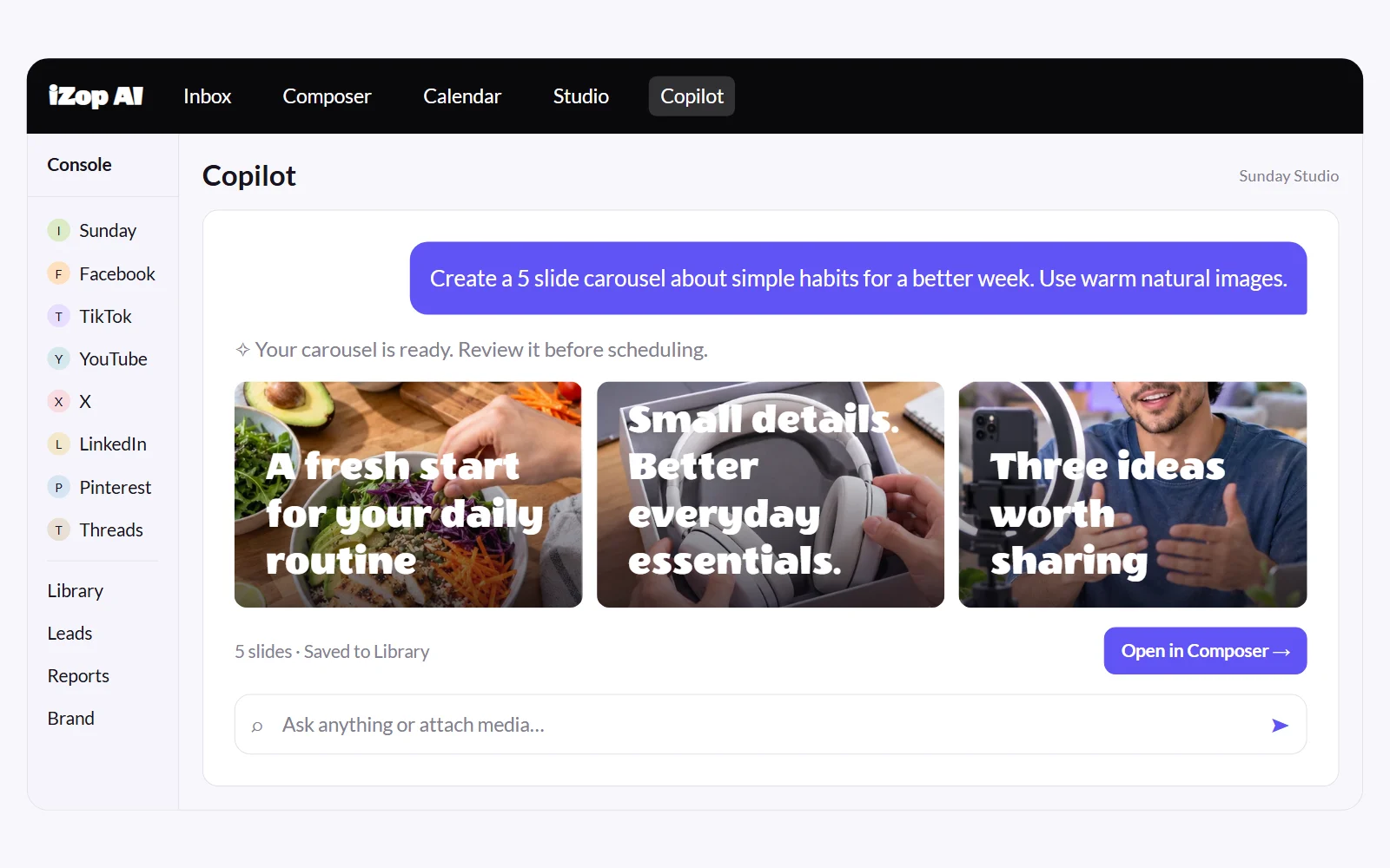 Copilot generating a carousel from a conversational brief